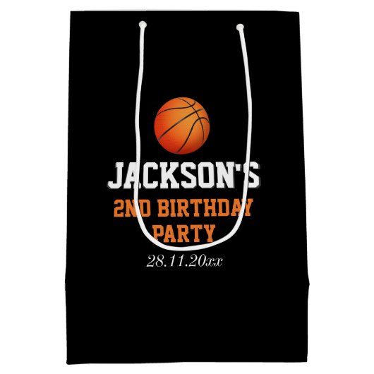 ボール生まれバスケットボールをテーマにした子供の誕生日 ミディアムペーパーバッグ (裏面)