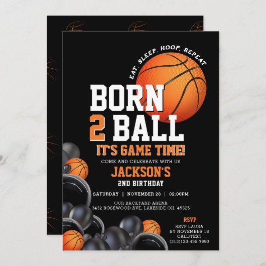 ボール生まれ第2バースデーバスケットボール招待状 招待状 (正面/裏面)