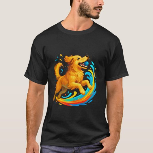ボール遊びをするレトリーバーの面白アート Tシャツ (正面)