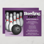 ボール&ピンパープルボーリング誕生日パーティー 招待状 (正面/裏面)