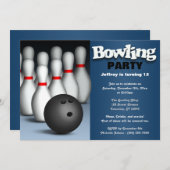 ボール&ピンブルーボーリング誕生日パーティーへの招待 招待状 (正面/裏面)