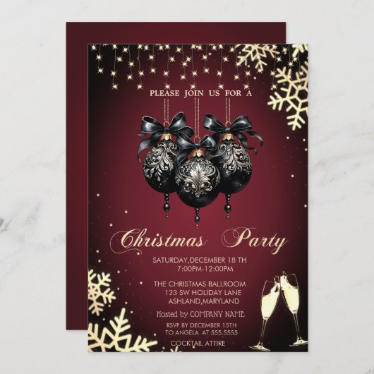 ボール、雪片、グラス、レッドカンパニークリスマス 招待状 (正面/裏面)