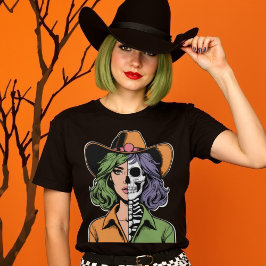 ボーンウェスタン骨格ハロウィーンへの女性のカーボーイ Tシャツ