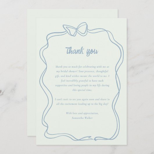 ボー名門私立校風のミントグリーンブルーブライダルシャワー サンキューカード (正面/裏面)