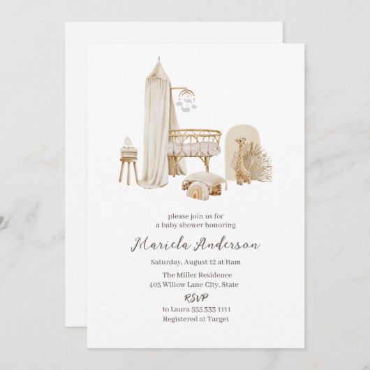 ボー男女兼用ー子供部屋移動式ベビーシャワー 招待状 (正面/裏面)