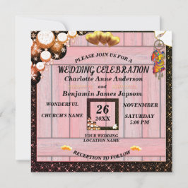  ボー素朴ゴールデングリッターピンクウッド結婚ズ  招待状