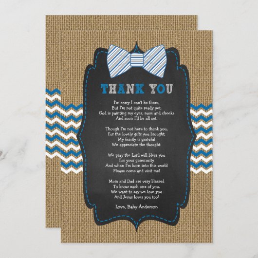 ボー素朴タイ赤ちゃんシャワー詩ありがとう 招待状 (正面/裏面)