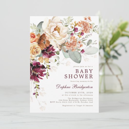 ボー素朴マルーン燃えたオレンジ色のフローラ赤ちゃんシャワー 招待状 (スタンド正面)