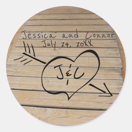 ボー素朴ルドウォーク、ハート&イニシャルビーチ結婚式 ラウンドシール (正面)