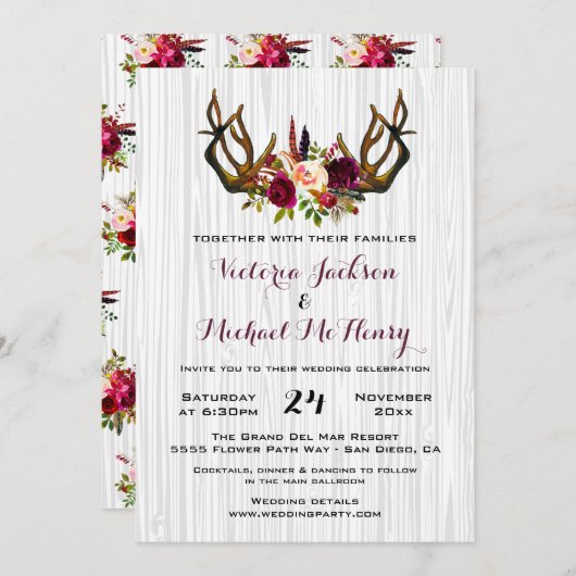 ボー素朴ー結婚式招待状と鹿〔雄ジカの〕枝角 招待状 (正面/裏面)