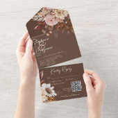 ボー素朴ー赤面ニュートラルフローラブラウンQRコード オールインワン招待状 (貼ってはがせる)