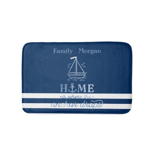 ボー航海のトいかりネイビーブルーストライプの バスマット (正面)