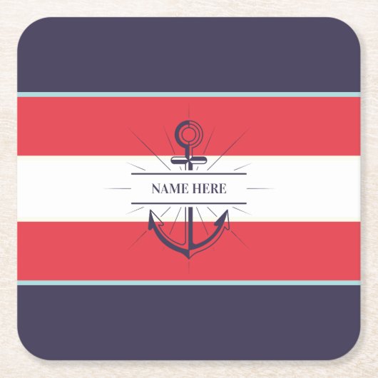 ボー航海のトいかりネイビーブルーレッドホワイト スクエアペーパーコースター (正面)