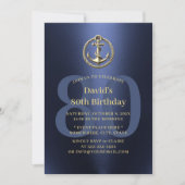 ボー航海のトいかりネイビー&金ゴールド80th誕生日 招待状 (正面)