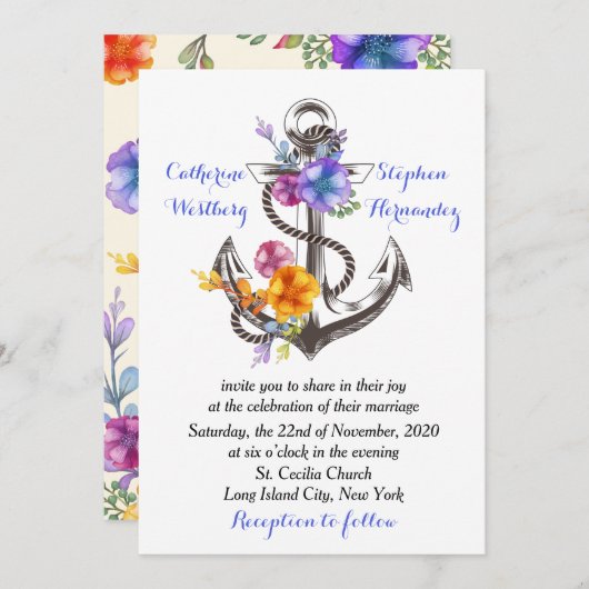 ボー航海のトいかりフローラブルー結婚ズ 招待状 (正面/裏面)