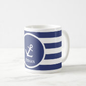 ボー航海のトいかり青と白のストライプ名前 コーヒーマグカップ (正面右)