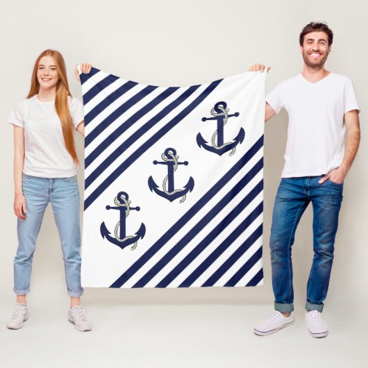 ボー航海のトいかり/ネイビーブルー/ホワイトストライプ フリースブランケット (インサイチュ)