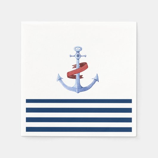 ボー航海のト名、ブルーいかりネイビーブルーストライプの スタンダードカクテルナプキン (正面)