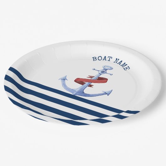 ボー航海のト名、ブルーいかりネイビーブルーストライプの ペーパープレート (アングル)