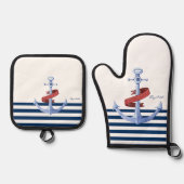 ボー航海のト名、ブルーいかりネイビーブルーストライプの 鍋つかみ&鍋敷きセット (正面)