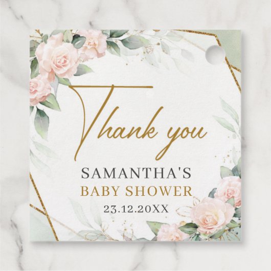 ボー赤面ピンクのバラ金ゴールドフレーム赤ちゃんシャワー フェイバータグ (裏面)