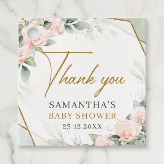 ボー赤面ピンクのバラ金ゴールドフレーム赤ちゃんシャワー フェイバータグ (正面)