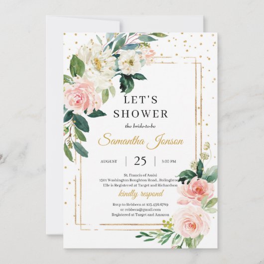 ボー赤面ピンクフローラと金ゴールド幾何学的ブライダル 招待状 (正面)