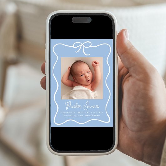 ボー魅力的ブルー男の赤ちゃんフォト誕生 案内状