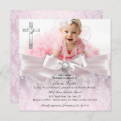 ボー&かわいらしクロスフォトピンクのバプテスマ/《キリスト教》洗礼式や命名式 招待状 (正面/裏面)