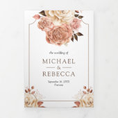 ボ素朴ホバラ金ゴールドアイボリーフローラQRコー結婚ド 三つ折り招待状 (カバー)