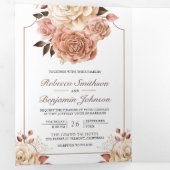 ボ素朴ホバラ金ゴールドアイボリーフローラQRコー結婚ド 三つ折り招待状 (内部最初)