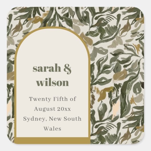 ボ素朴ホレトロアーチグリーンボタニカル結婚ズ スクエアシール (正面)