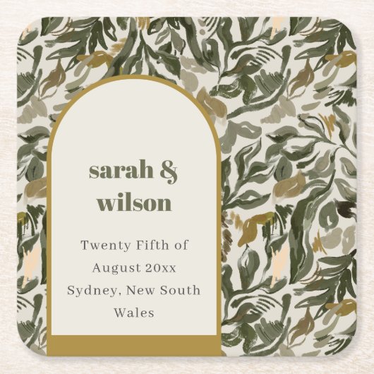 ボ素朴ホレトロアーチグリーンボタニカル結婚ズ スクエアペーパーコースター (正面)