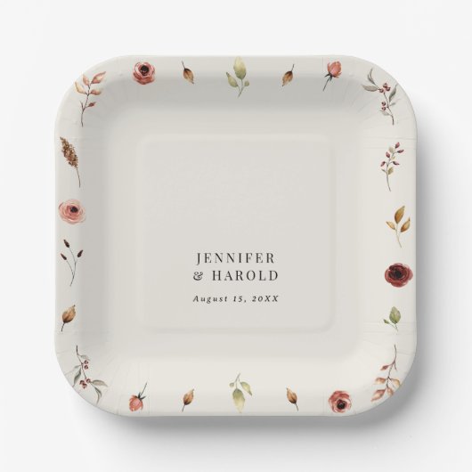 ボ素朴ホ秋野結婚草花または婚約 ペーパープレート (正面)