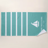 ボ航海のートティール（緑がかった色）ストライプの追加名文字 ビーチタオル (正面)