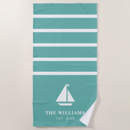 ボ航海のートティール（緑がかった色）ストライプの追加名文字 ビーチタオル