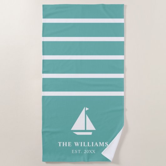 ボ航海のートティール（緑がかった色）ストライプの追加名文字 ビーチタオル (正面)
