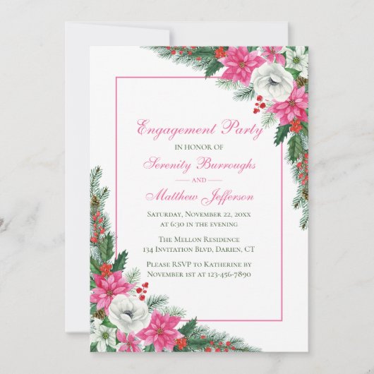 ポアセエレガントチアピンククリスマス婚約パーティ 招待状 (正面)