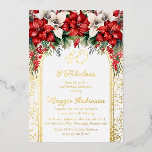 ポイエレガントンセチアフローラ40歳の誕生日パーティー 箔招待状 (正面)