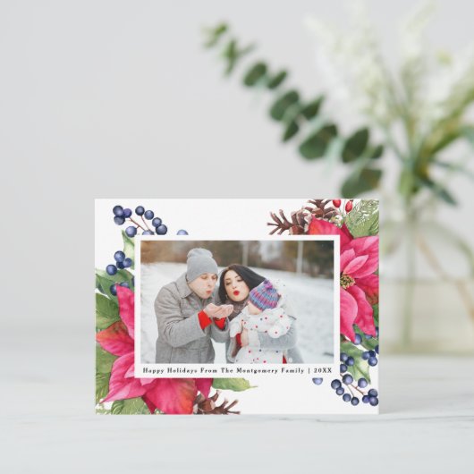 ポイエレガントンセチア・ベリー海軍パーソナライズされた写真 シーズンポストカード (スタンド正面)