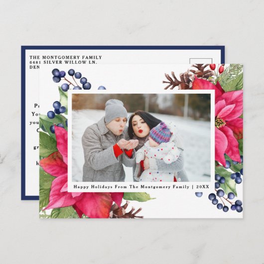 ポイエレガントンセチア・ベリー海軍パーソナライズされた写真 シーズンポストカード (正面/裏面)