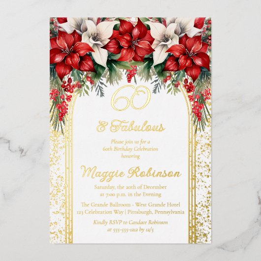 ポイエレガントンセティアスフローラ60th誕生日パーティー 箔招待状 (正面)