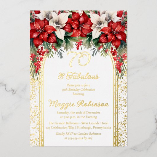 ポイエレガントンセティアスフローラ70th誕生日パーティー 箔招待状 (正面)