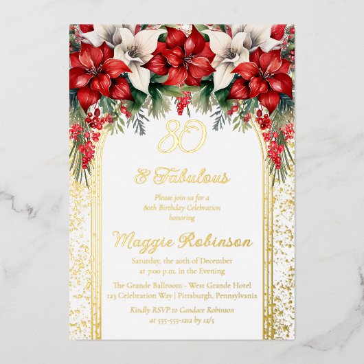 ポイエレガントンセティアスフローラ80th誕生日パーティー 箔招待状 (正面)