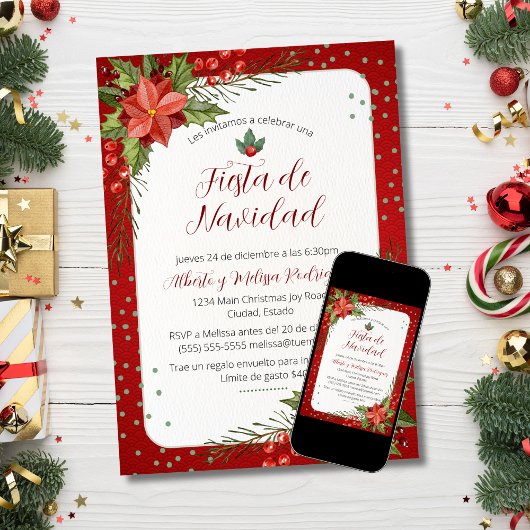 ポイスペインのンセチア・フェスタ・デ・ナヴィダッド・レッド・クリスマス 招待状