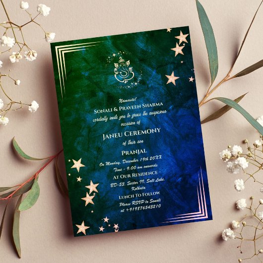 ポイテジャヌウパナヤナムヒンズー聖糸ブルー金ゴールド 招待状