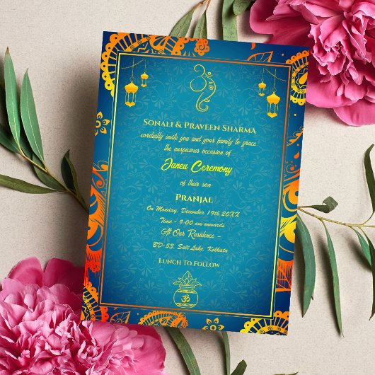 ポイテジャヌウパナヤナムヒンドゥー聖糸ティール（緑がかった色）金ゴールド 招待状