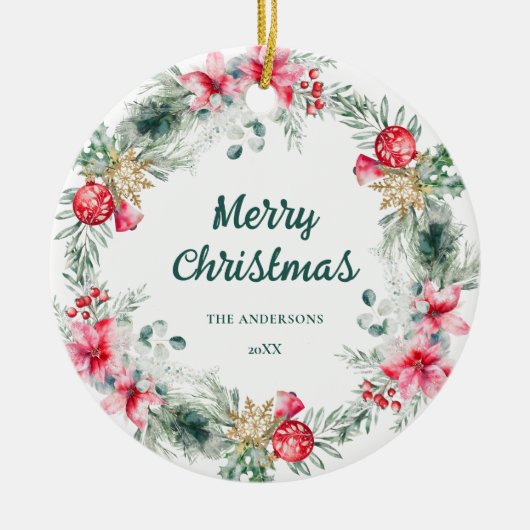 ポイモダンンセチア赤グリーンリースクリスマス詩 セラミックオーナメント (正面)