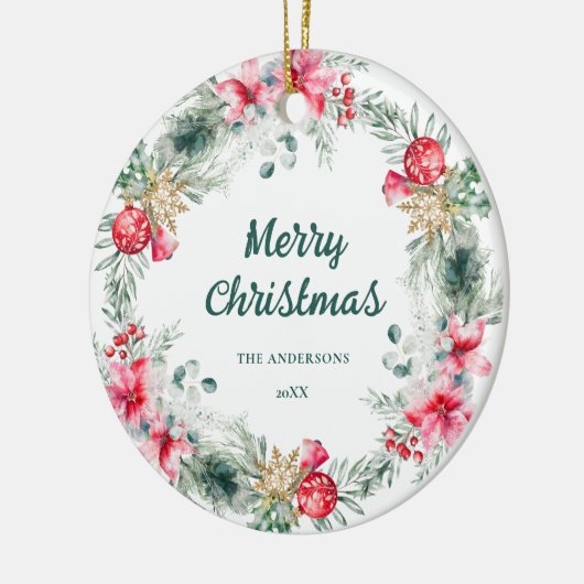 ポイモダンンセチア赤グリーンリースクリスマス詩 セラミックオーナメント (左)