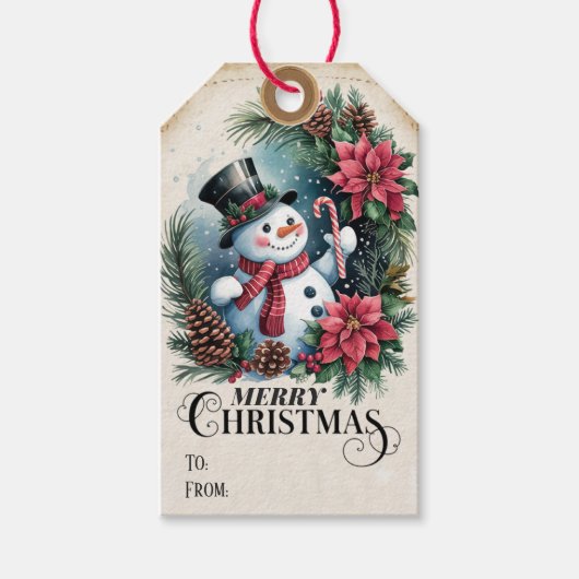 ポインお洒落セチアリース雪だるまクリスマス ギフトタグ (正面)